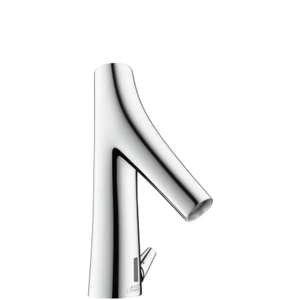 Elektronischer Waschtischmischer von AXOR mit ergonomischem Design und Temperaturregulierung, in glänzendem Chrom-Finish.